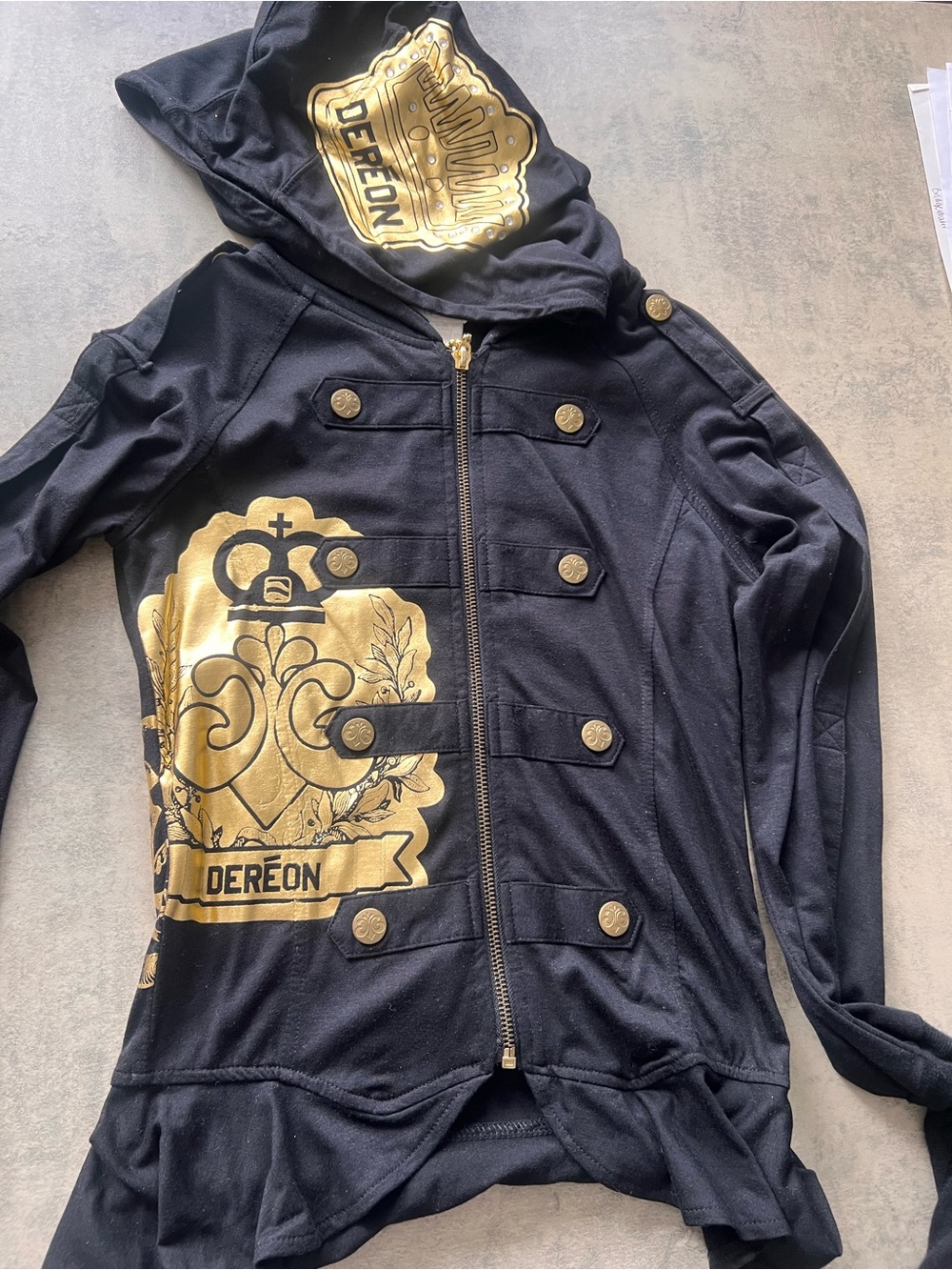 Dereon Black Zip Hoodie with Metallic Gold Crest